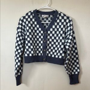 Checkered Dusty Blue and White Cropped Cardigan Sweater